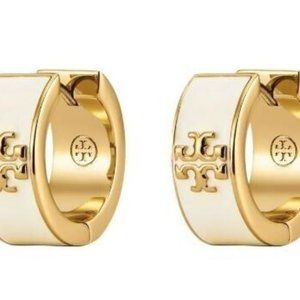 NEW TORY BURCH 75791 110 KIRA ENAMELED HUGGIE HOOP EARRING Gold Ivory